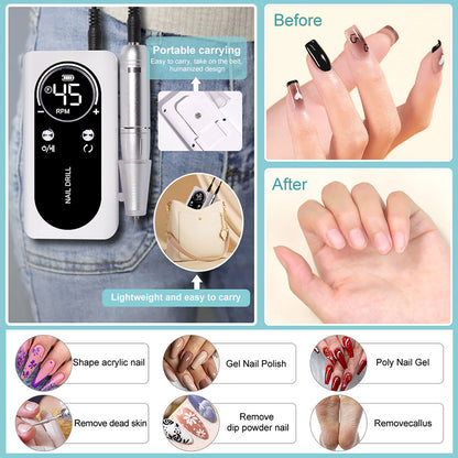 Professional Electric Nail Drill Machine, 45000RPM Rechargeable E-File Nail Drill Cordless, Electric Nail File Kit, Portable Electronic Grinder, Suitable For Nail Polish And Glue Nail Polish Polishing